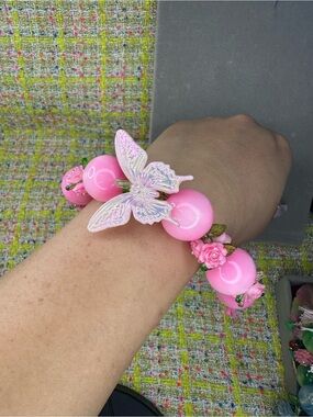 Pink Butterfly, acrylic flower with Coral Beaded Bracelet